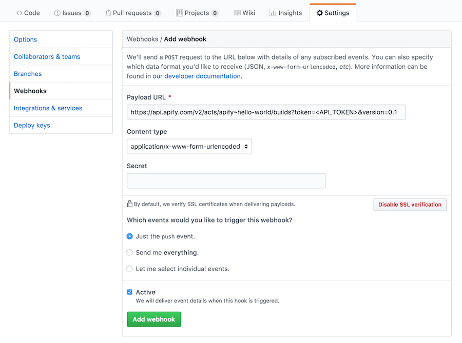Adding a webhook to your GitHub repository